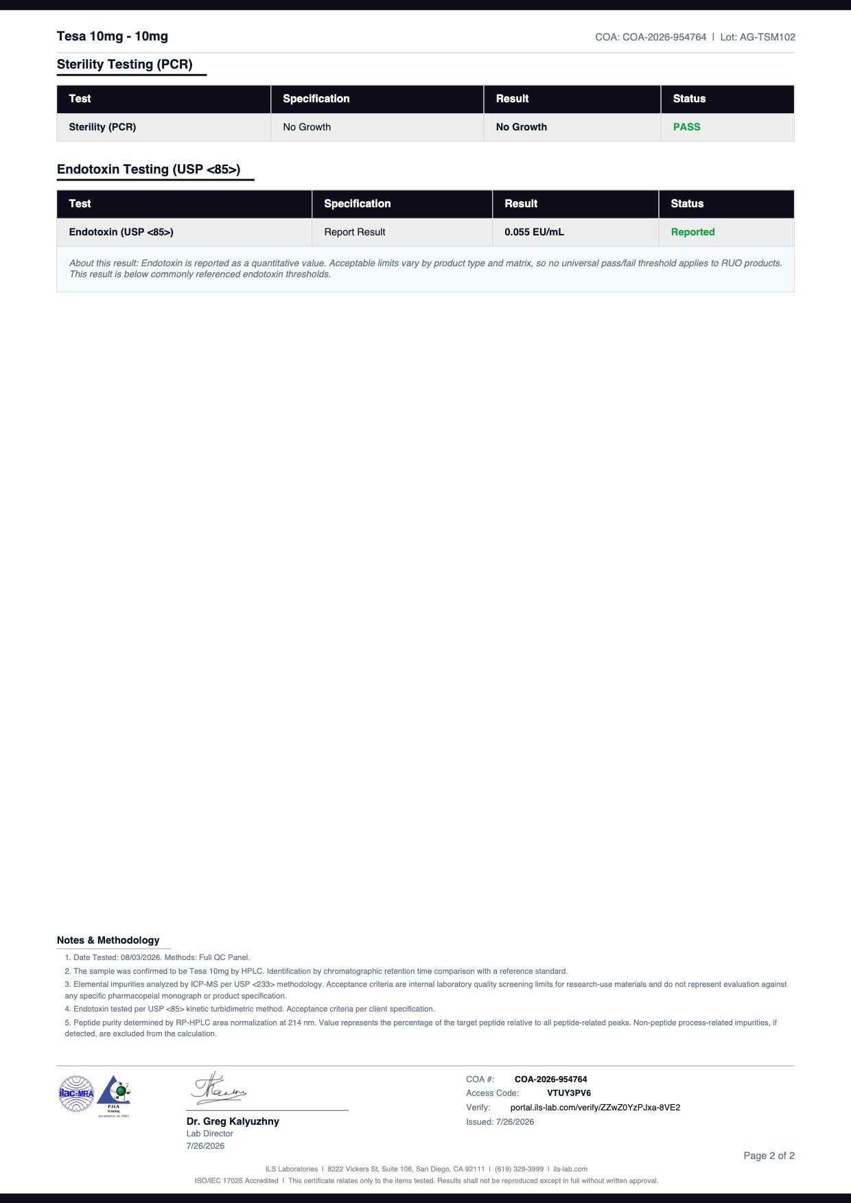 COA document for Tesa 10mg (Tesamorelin) 10mg — page 2