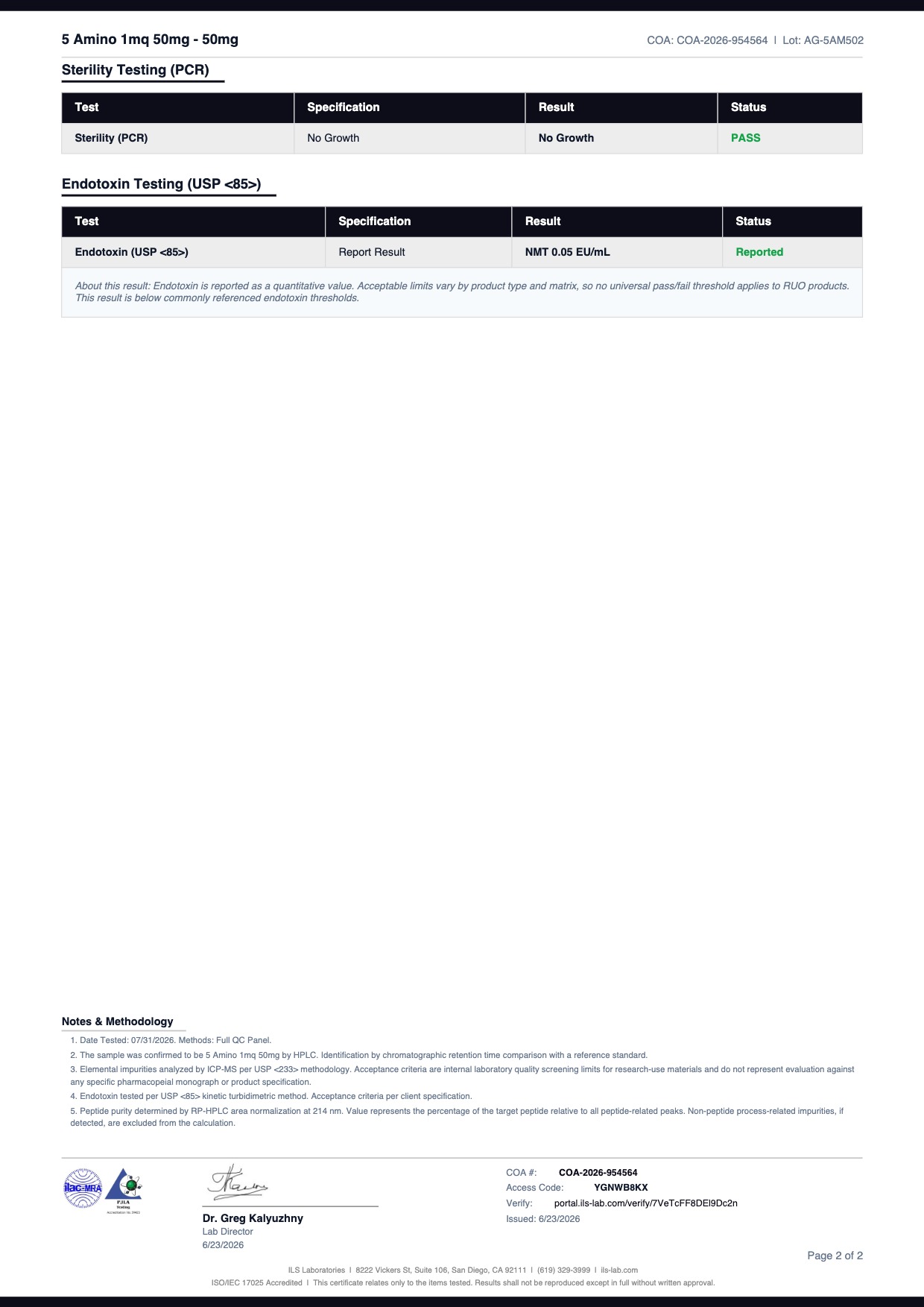 COA document for 5 Amino 1mq 50mg 50mg — page 2