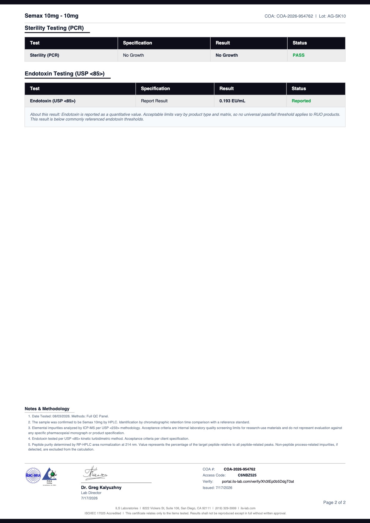 COA document for Semax 10mg 10mg — page 2