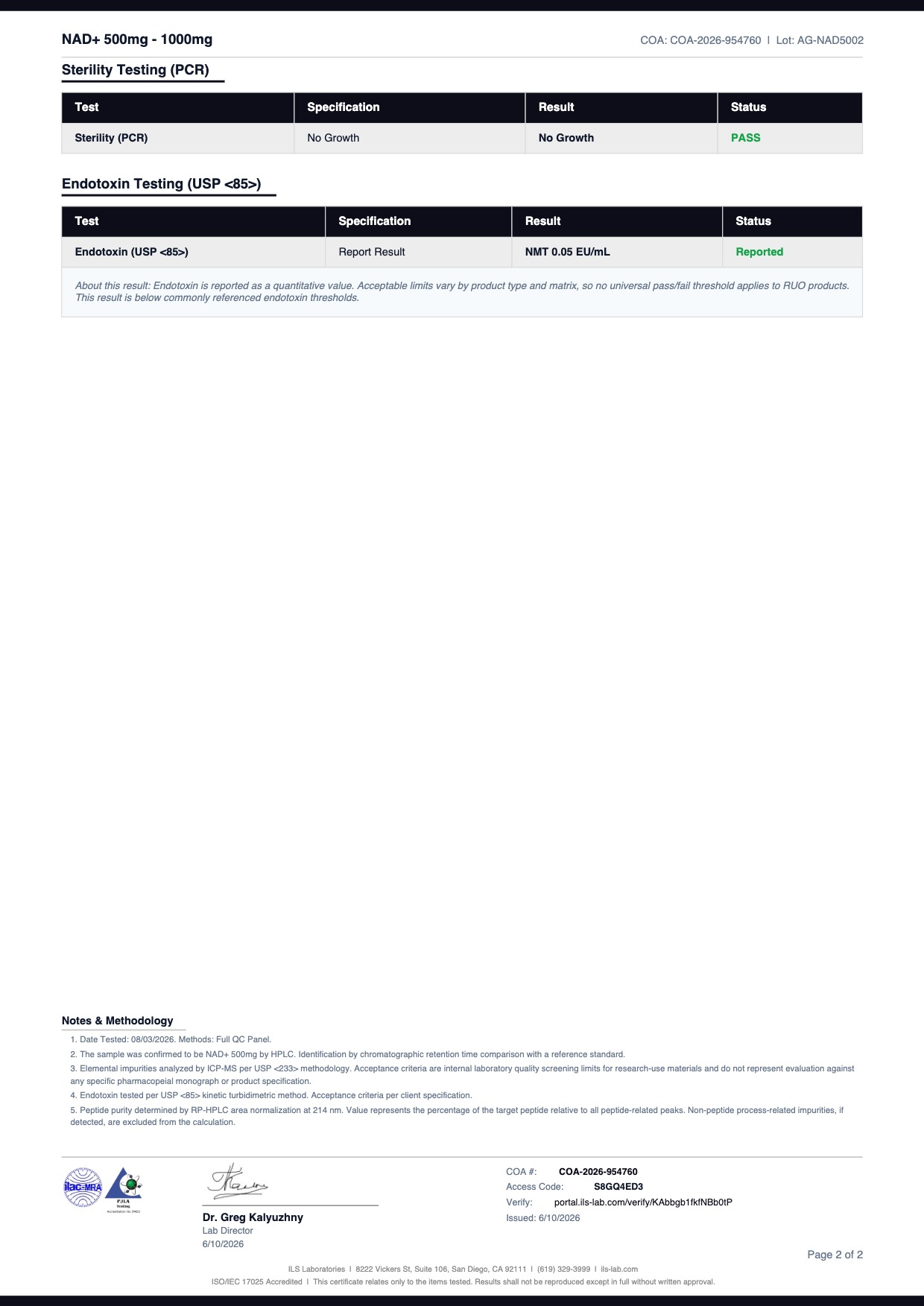 COA document for NAD+ 1000mg 1000mg — page 2