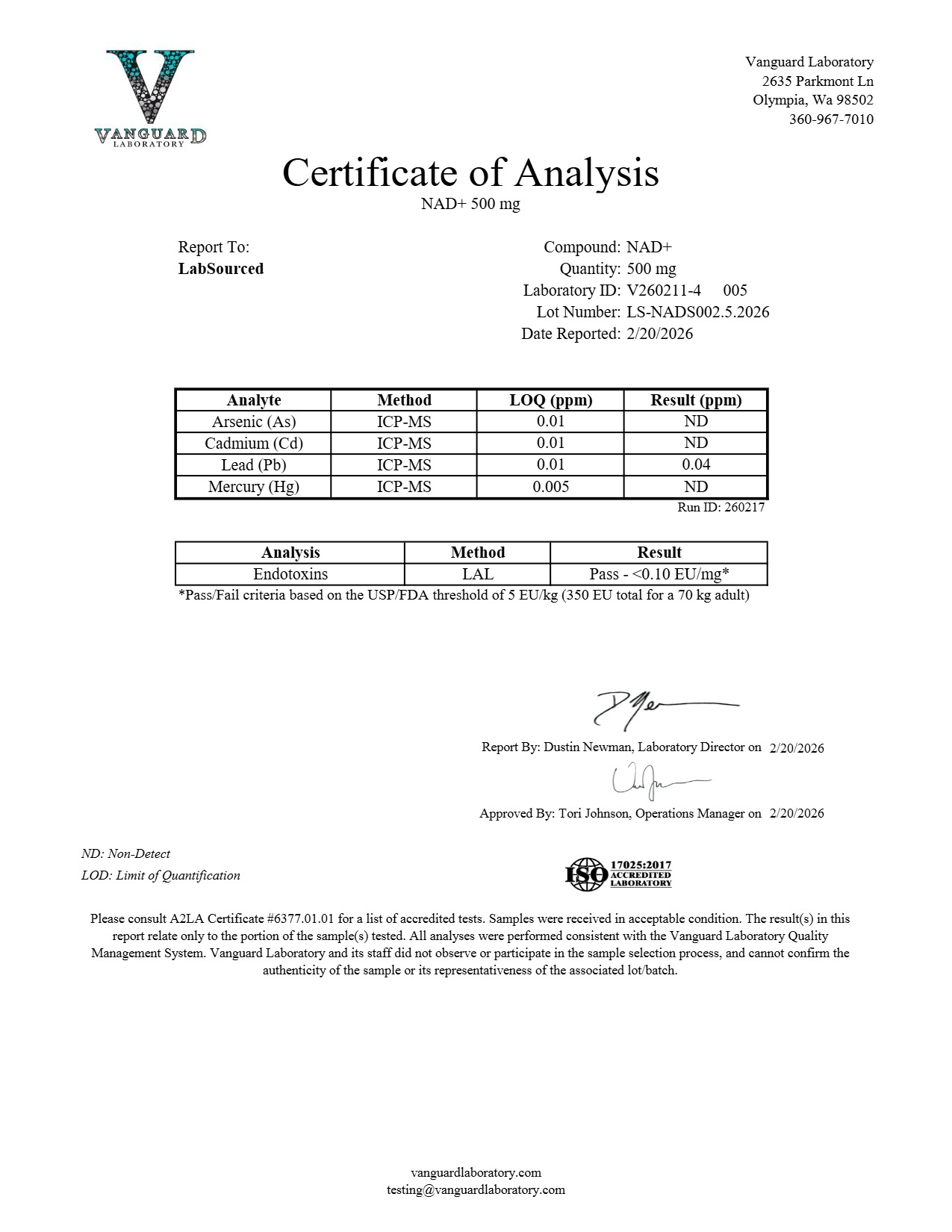 COA document for NAD+ 500mg — page 2