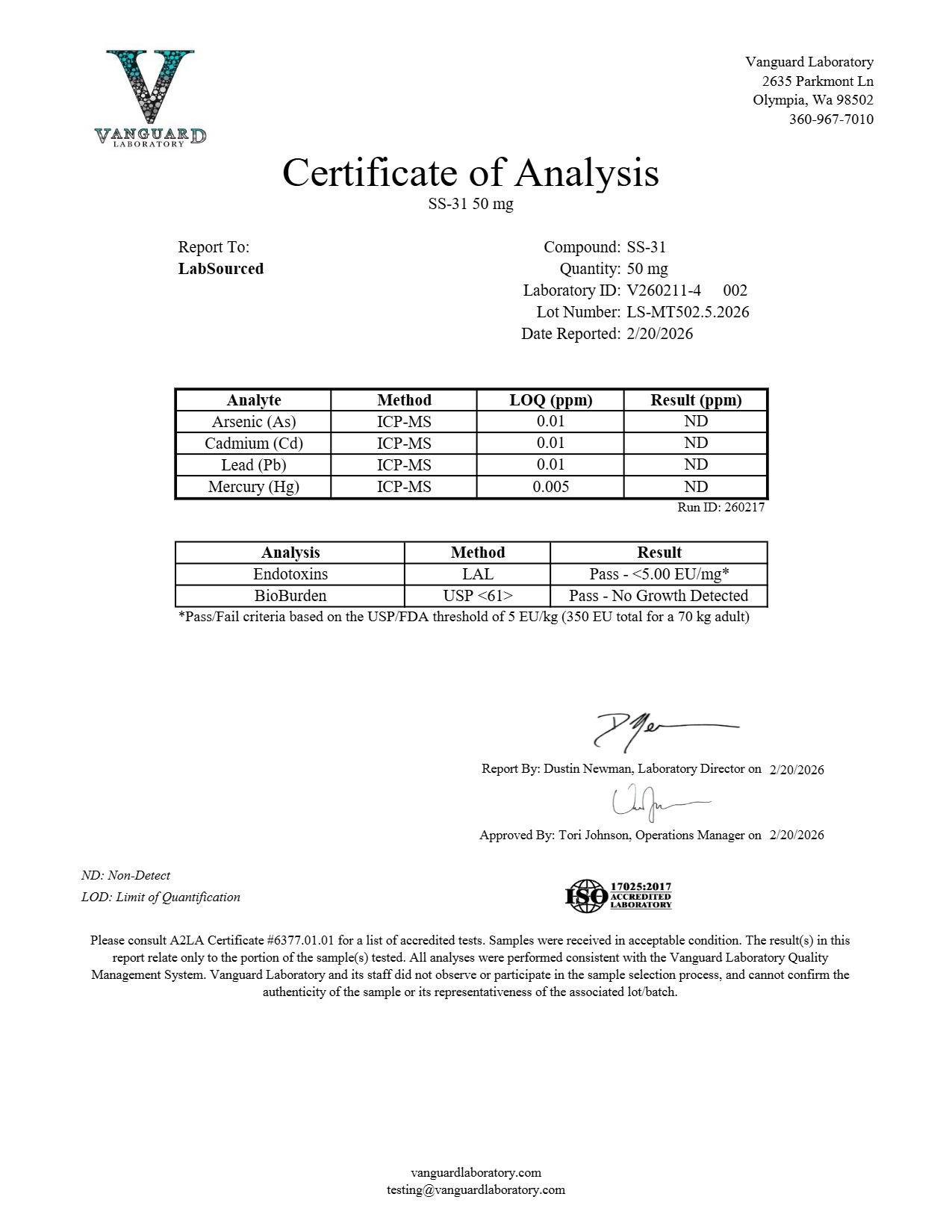 COA document for SS-31 50mg — page 2
