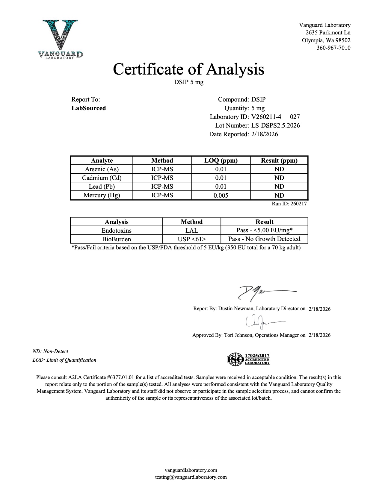 COA document for DSIP 5mg — page 2