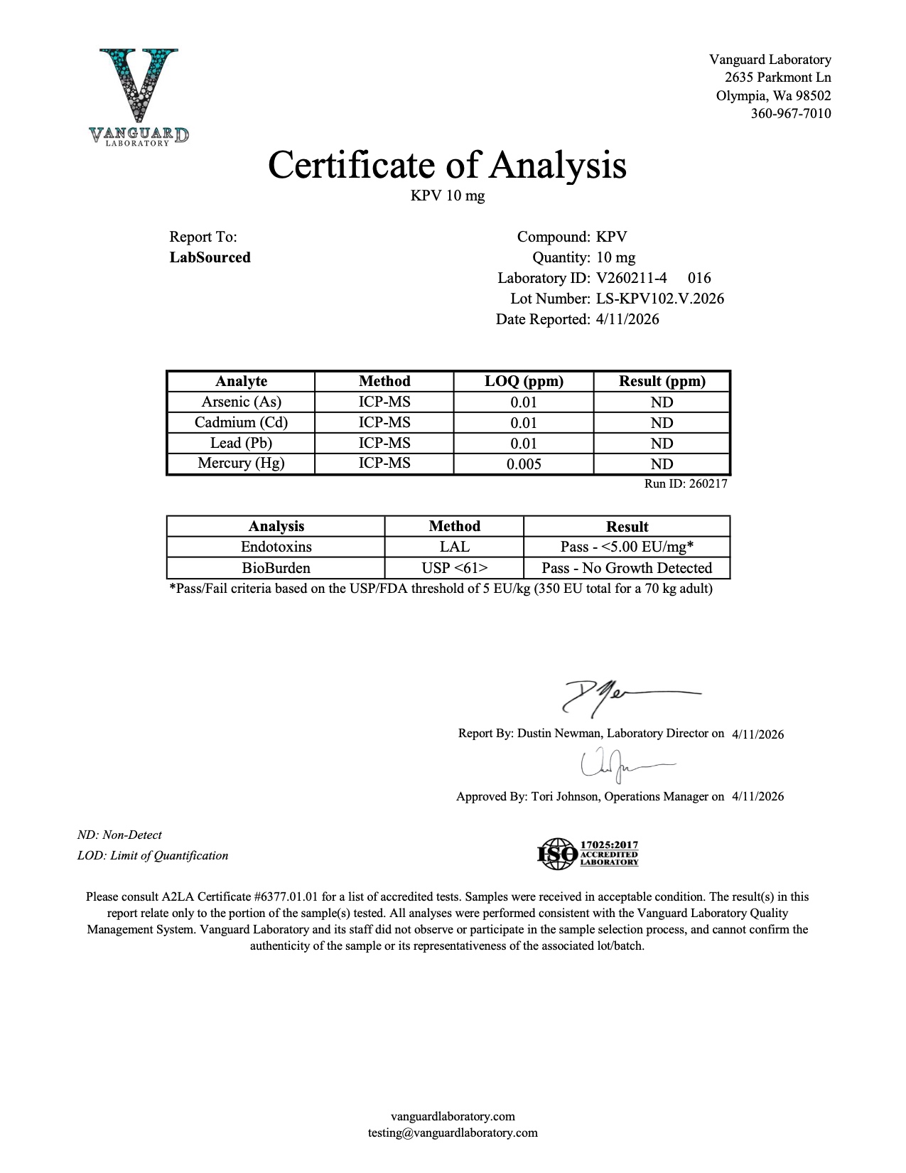 COA document for KPV 10mg — page 2