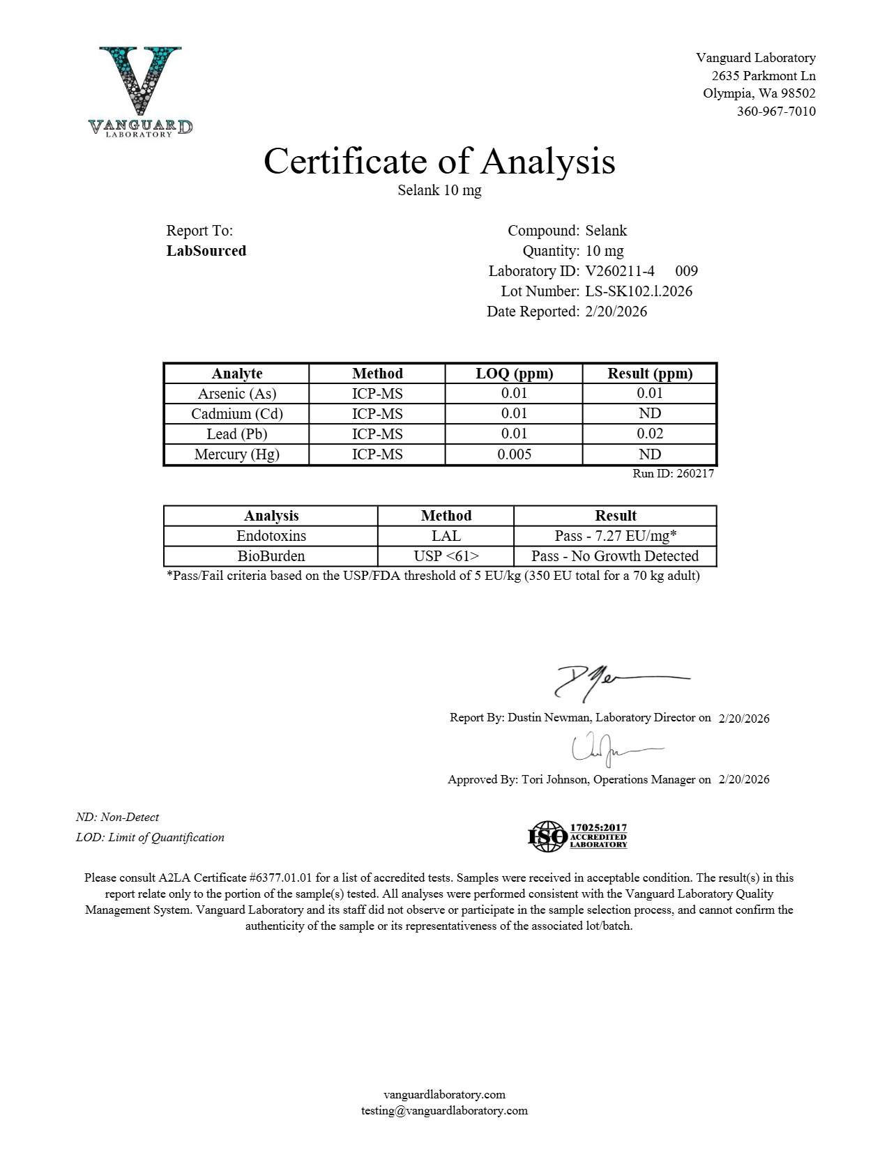 COA document for Selank 10mg — page 2