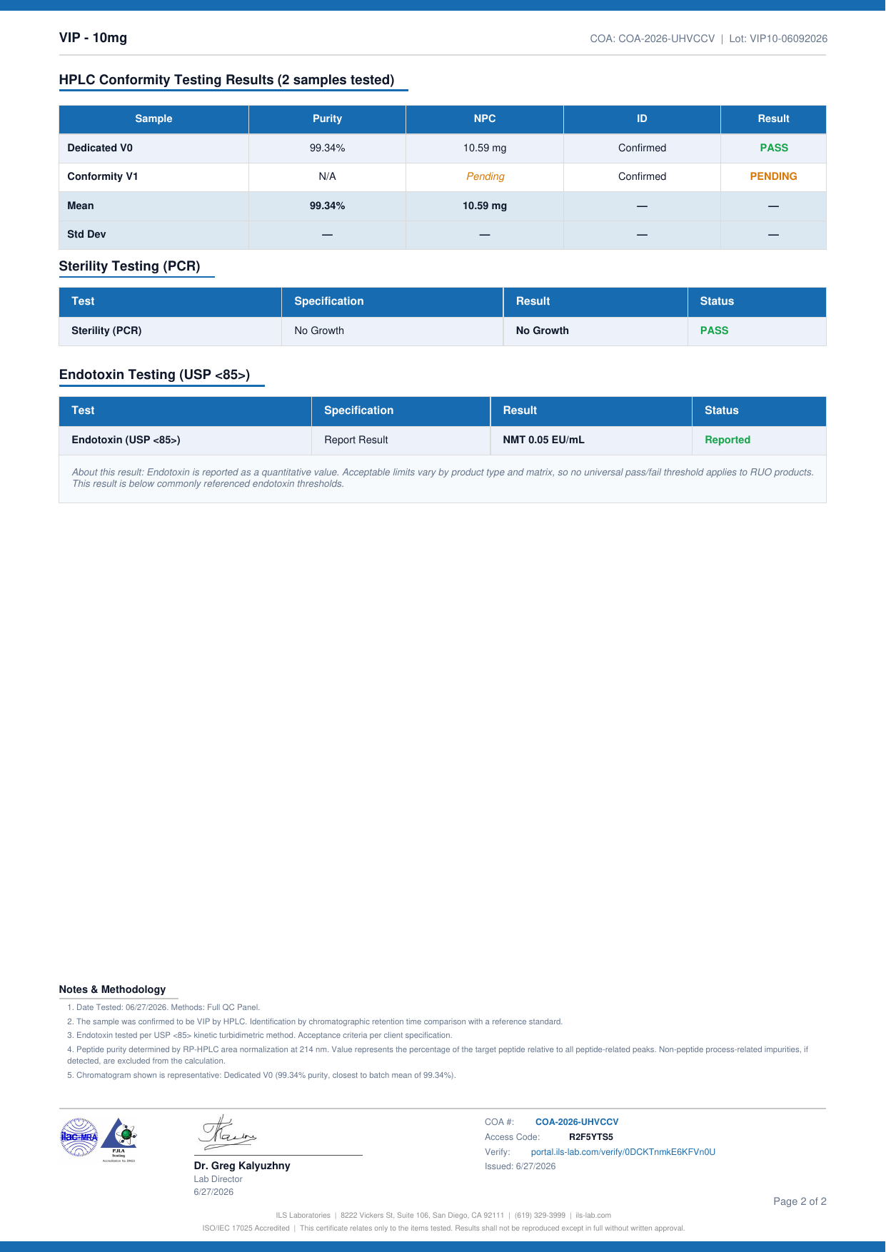 COA document for VIP 10mg — page 2