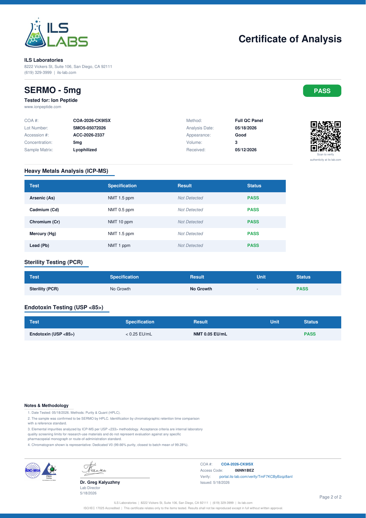 COA document for Sermorelin 5mg — page 2