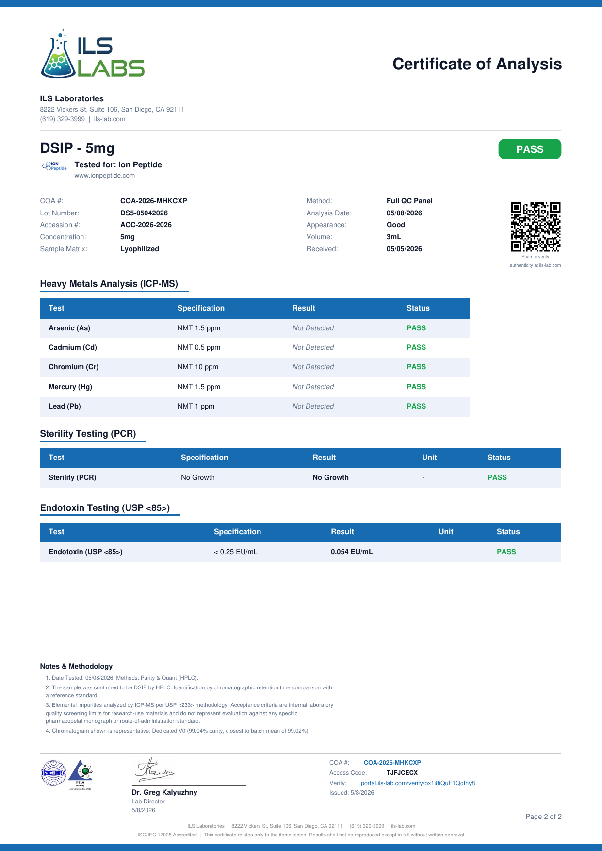 COA document for DSIP 5mg — page 2