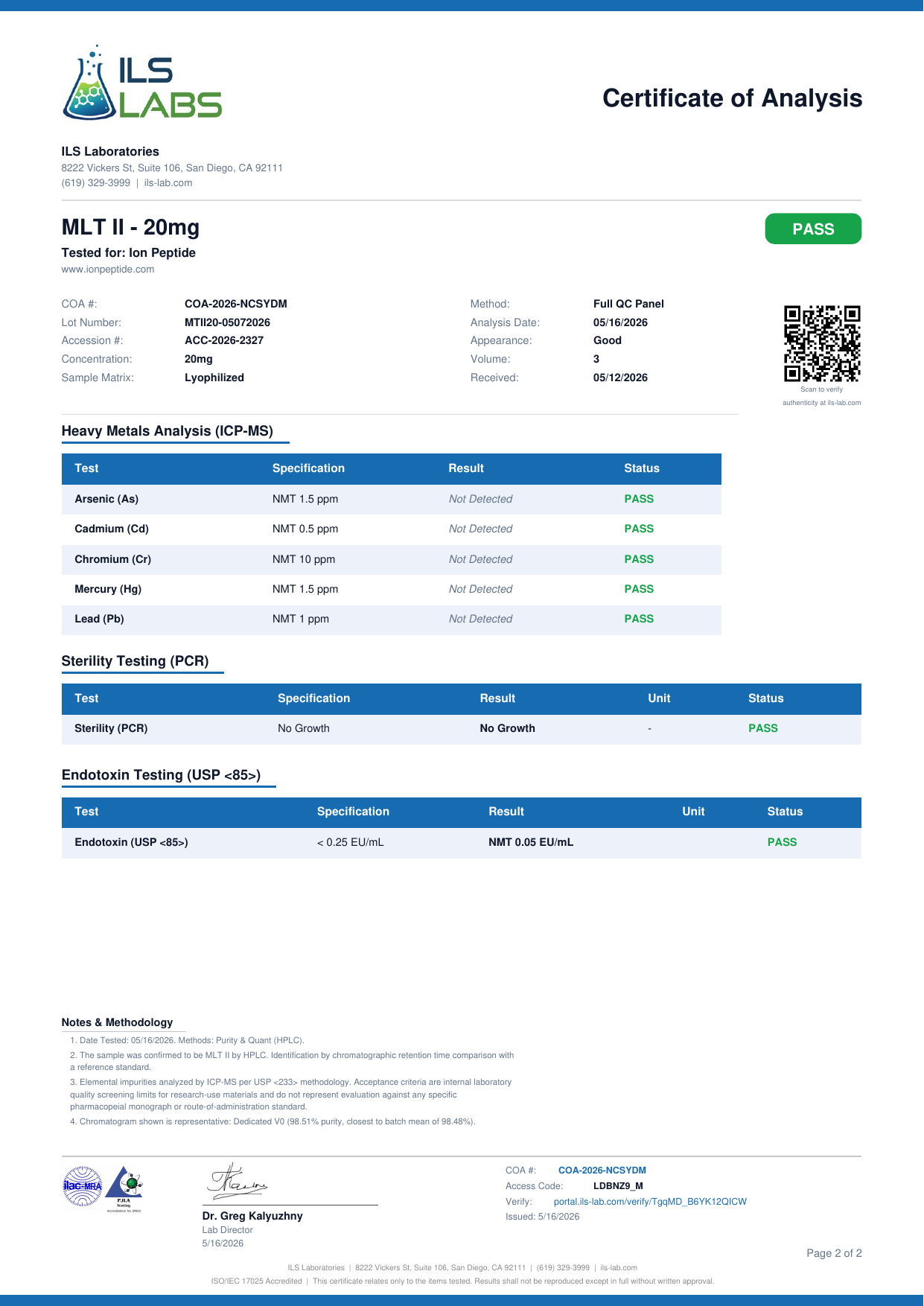 COA document for Melanotan II 20mg — page 2