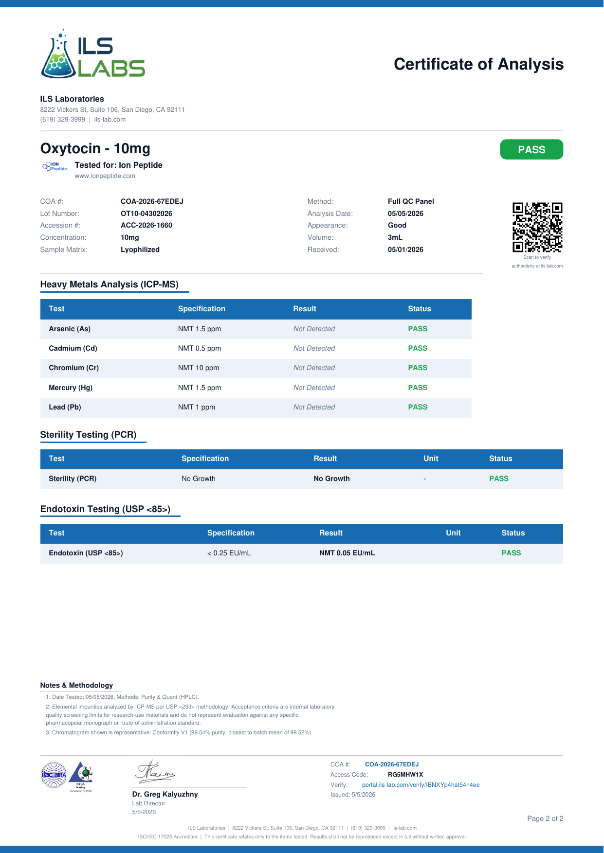 COA document for Oxytocin 10mg — page 2