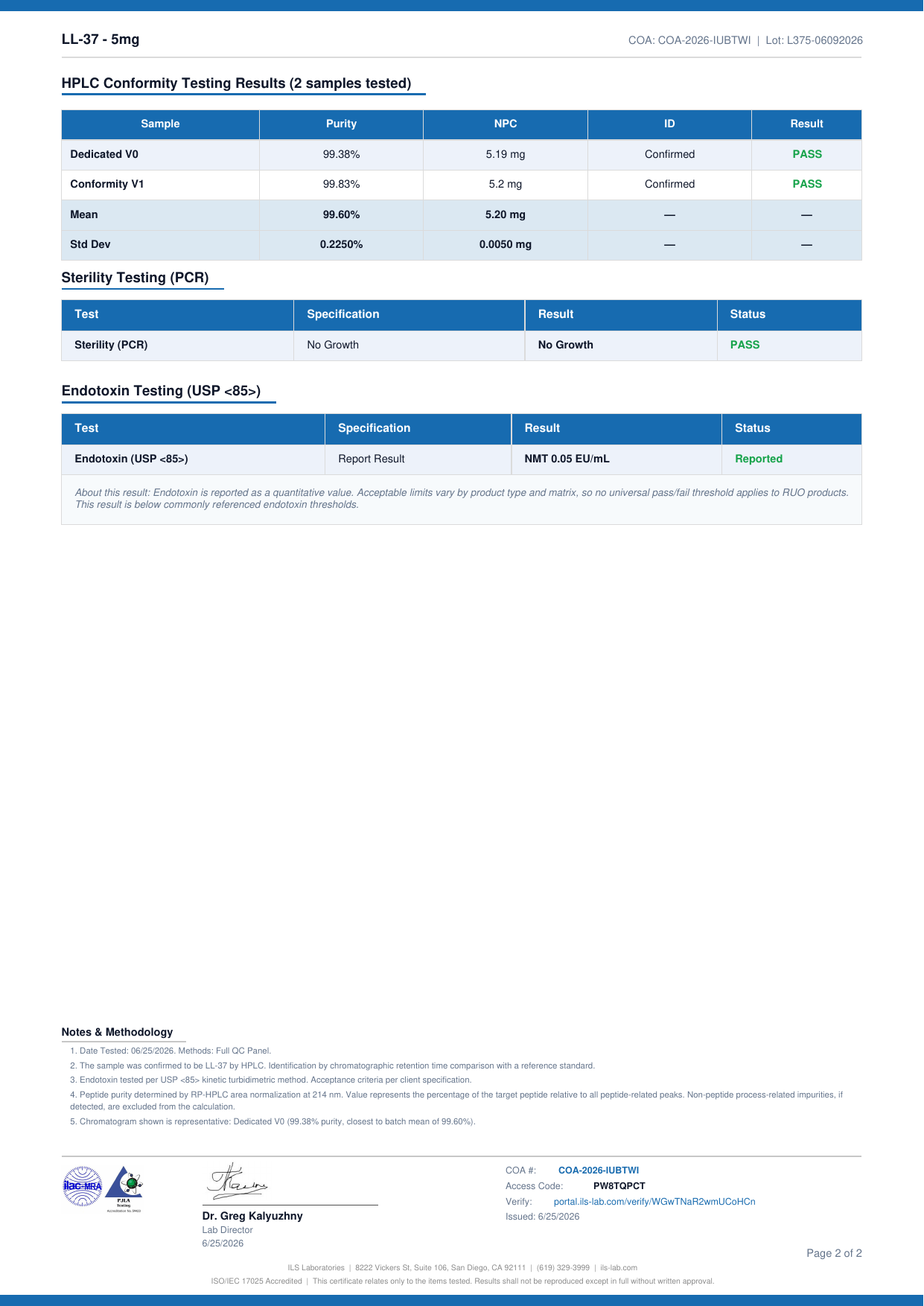 COA document for LL-37 5mg — page 2