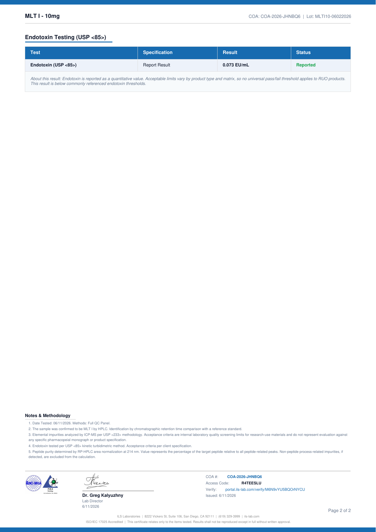 COA document for Melanotan I 10mg — page 2