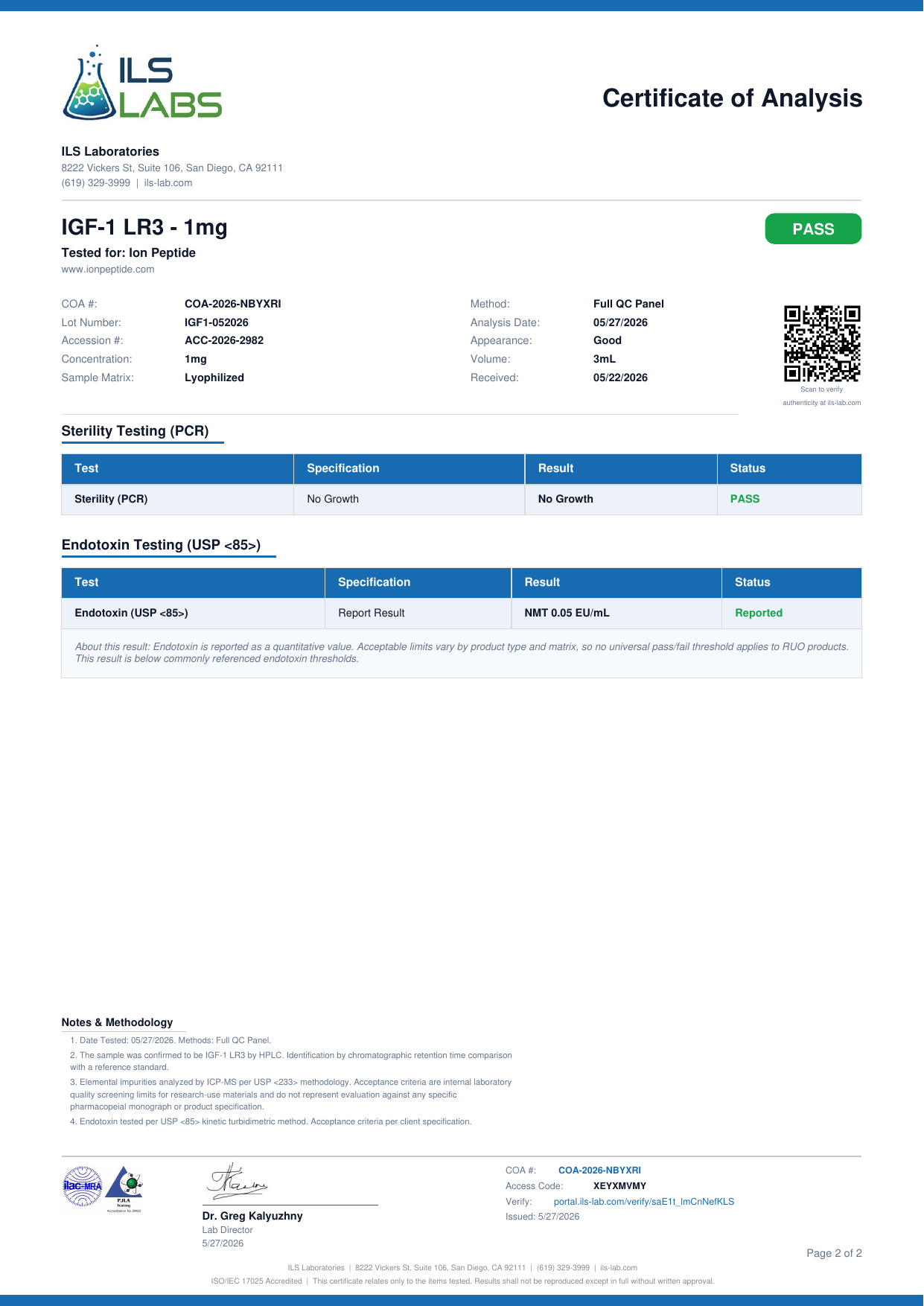 COA document for IGF-1 LR3 1mg — page 2