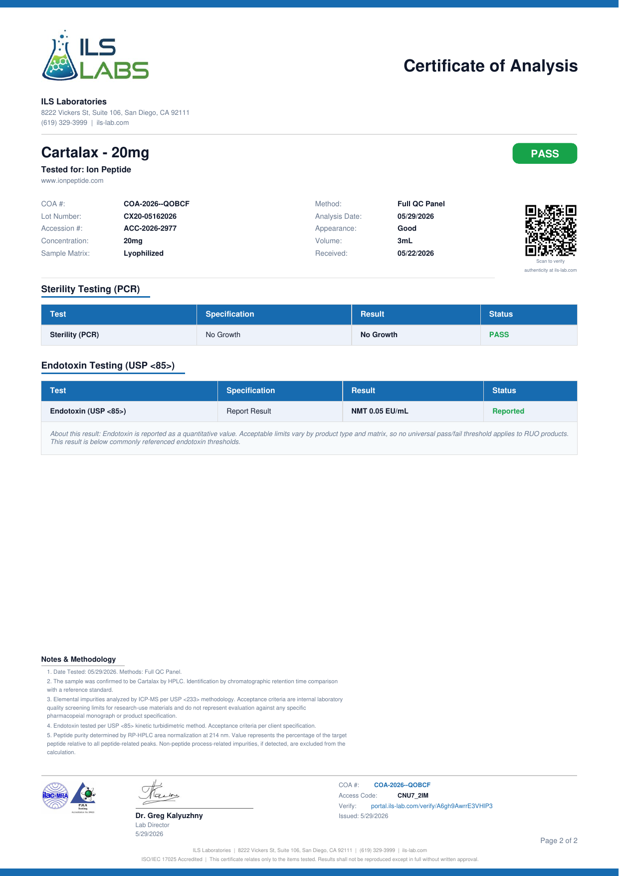 COA document for Cartalax 20mg — page 2