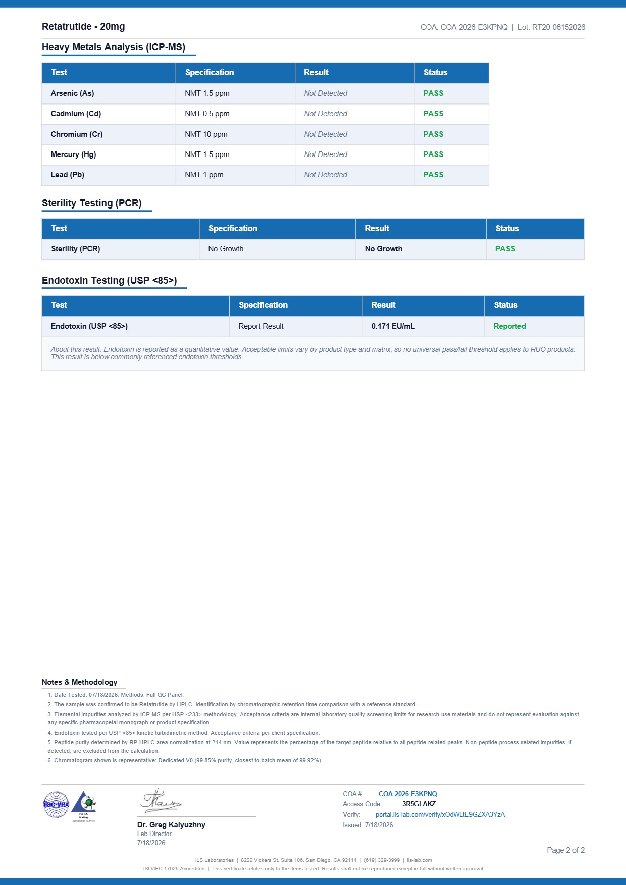 COA document for Retatrutide 20mg — page 2