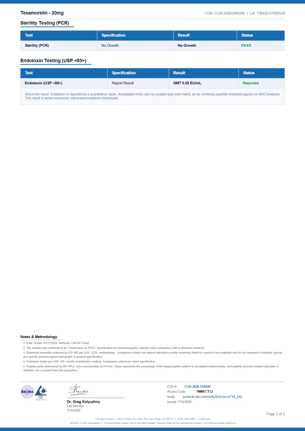 COA document for Tesamorelin 20mg — page 2