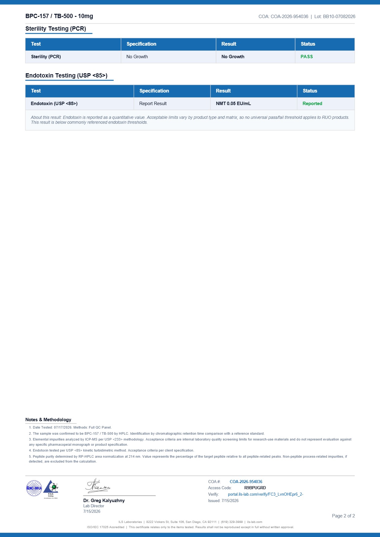 COA document for BPC-157/TB-500 10mg — page 2
